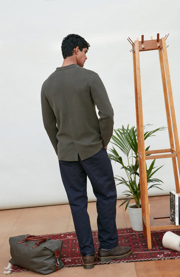 Mens dark olive Cotton Linen Knitted Blazer by Paul James Knitwear.