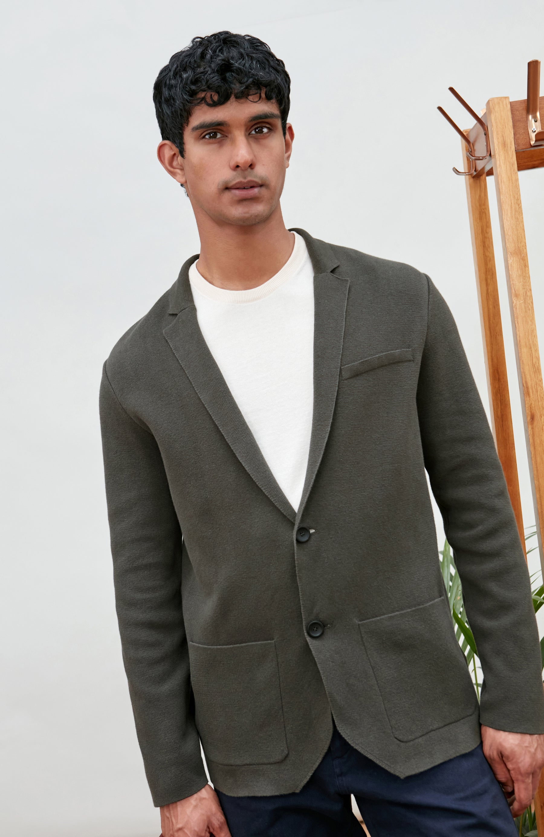 Mens dark olive Cotton Linen Knitted Blazer by Paul James Knitwear. 