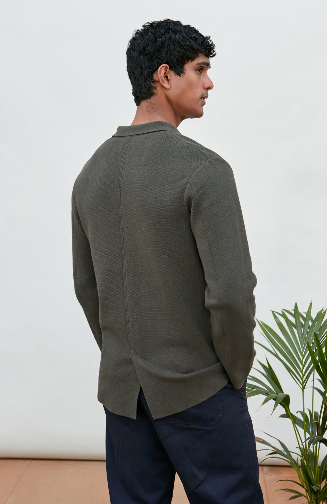 Mens dark olive Cotton Linen Knitted Blazer by Paul James Knitwear.