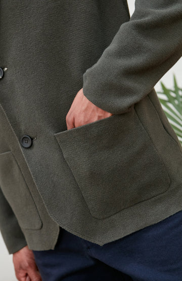 Mens dark olive Cotton Linen Knitted Blazer by Paul James Knitwear.