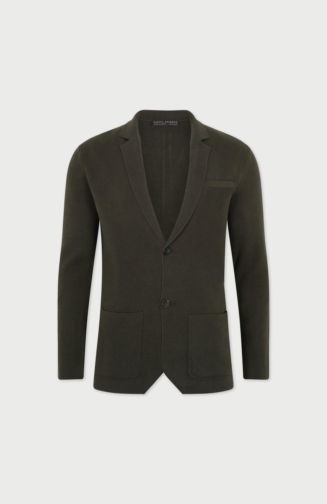 Mens dark olive Cotton Linen Knitted Blazer by Paul James Knitwear.