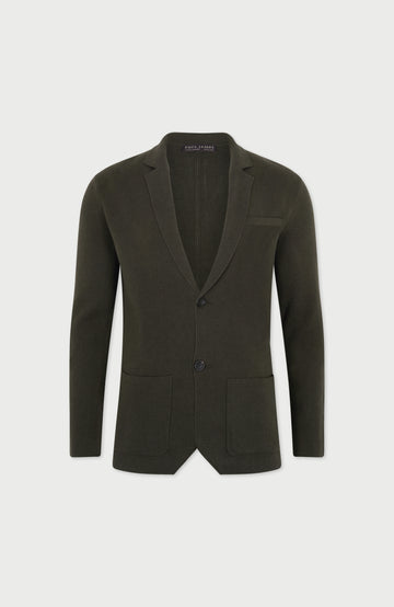 Mens dark olive Cotton Linen Knitted Blazer by Paul James Knitwear.