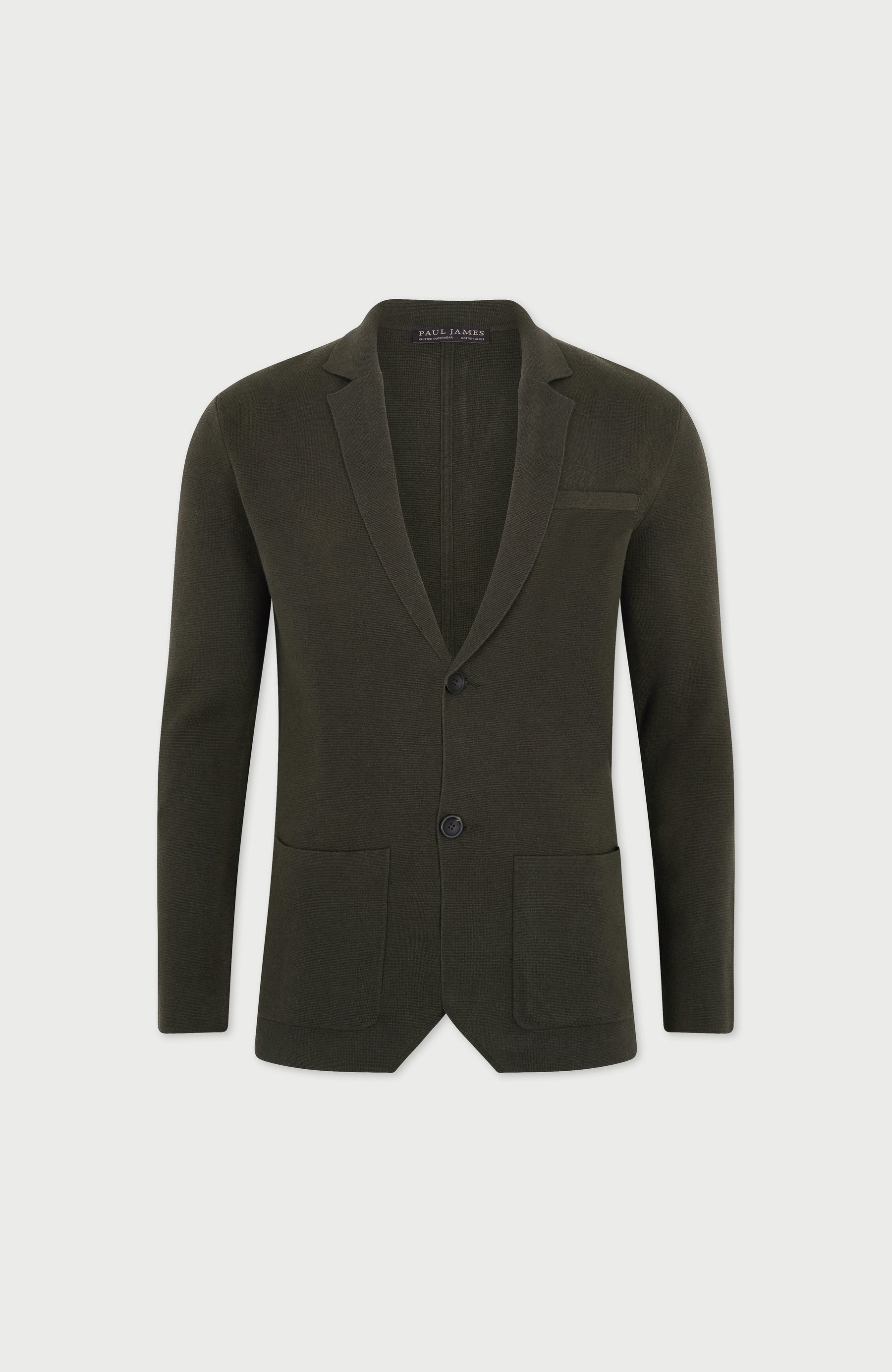 Green mens cotton linen knitted blazer by paul james