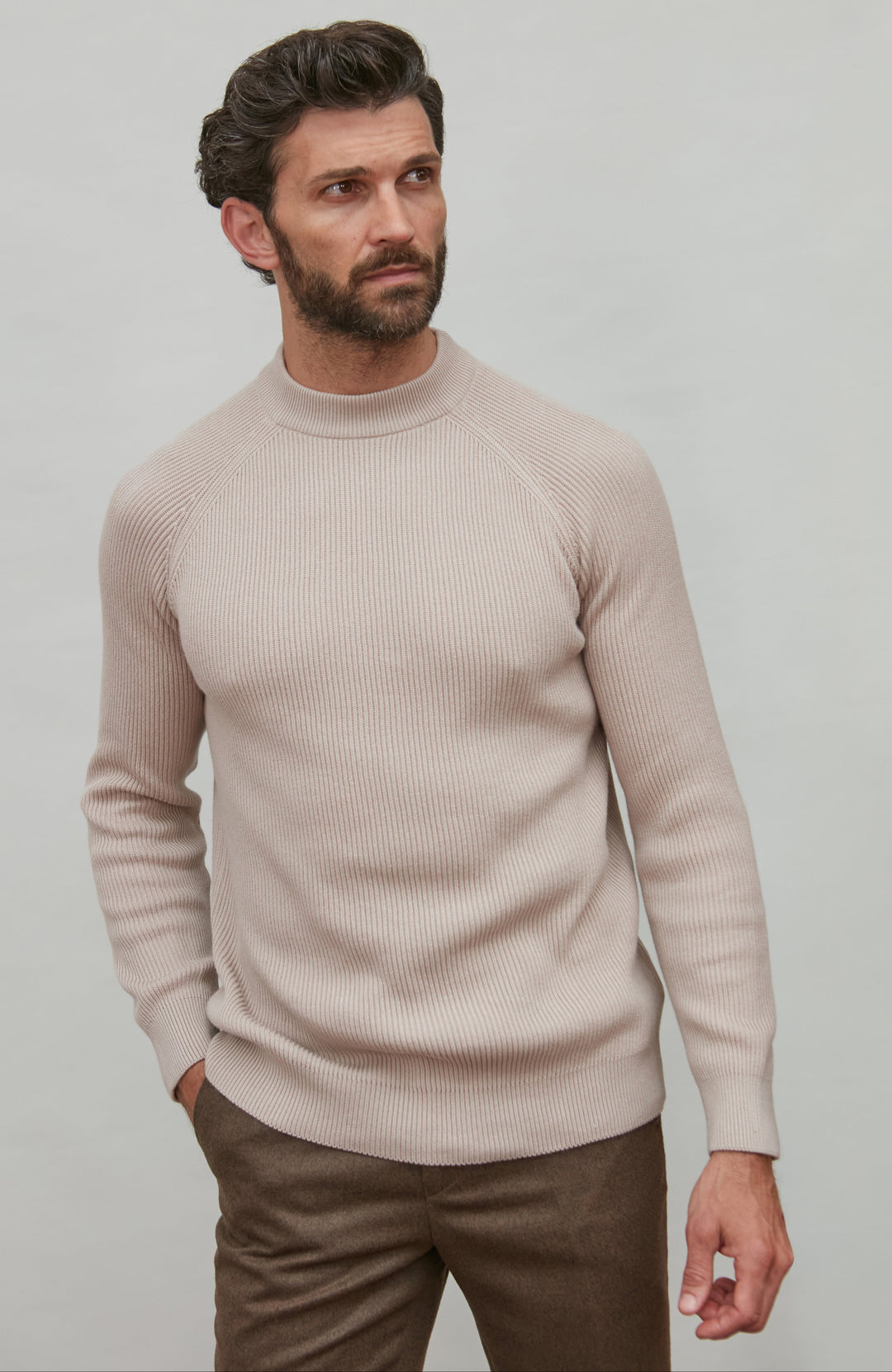Beige men's mock neck ribbed jumper by Paul James 