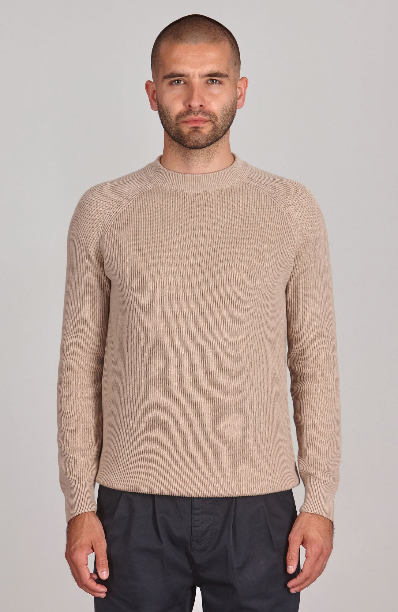 Mens Midweight Cotton Ribbed High Crew Neck Jumper