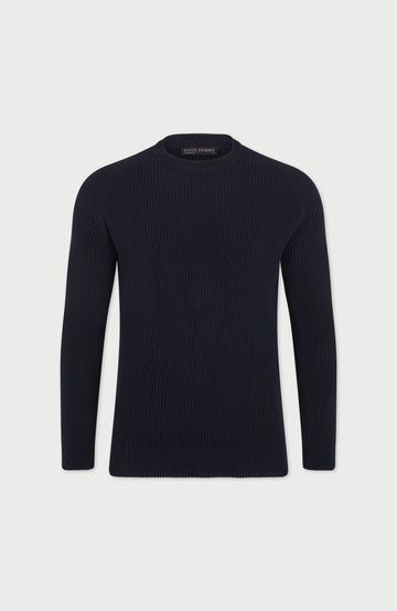 Navy Mens Cotton Ribbed Crew Neck Jumper By Paul James