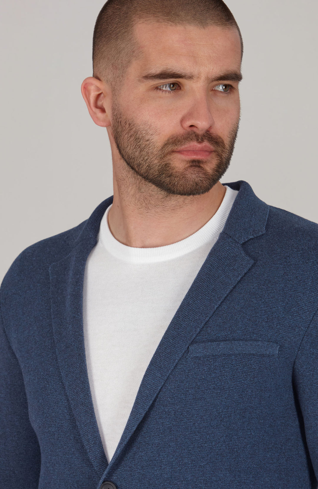 blue mens cotton unstructured knitted jacket