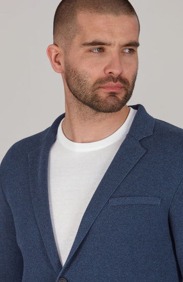 blue mens cotton unstructured knitted jacket