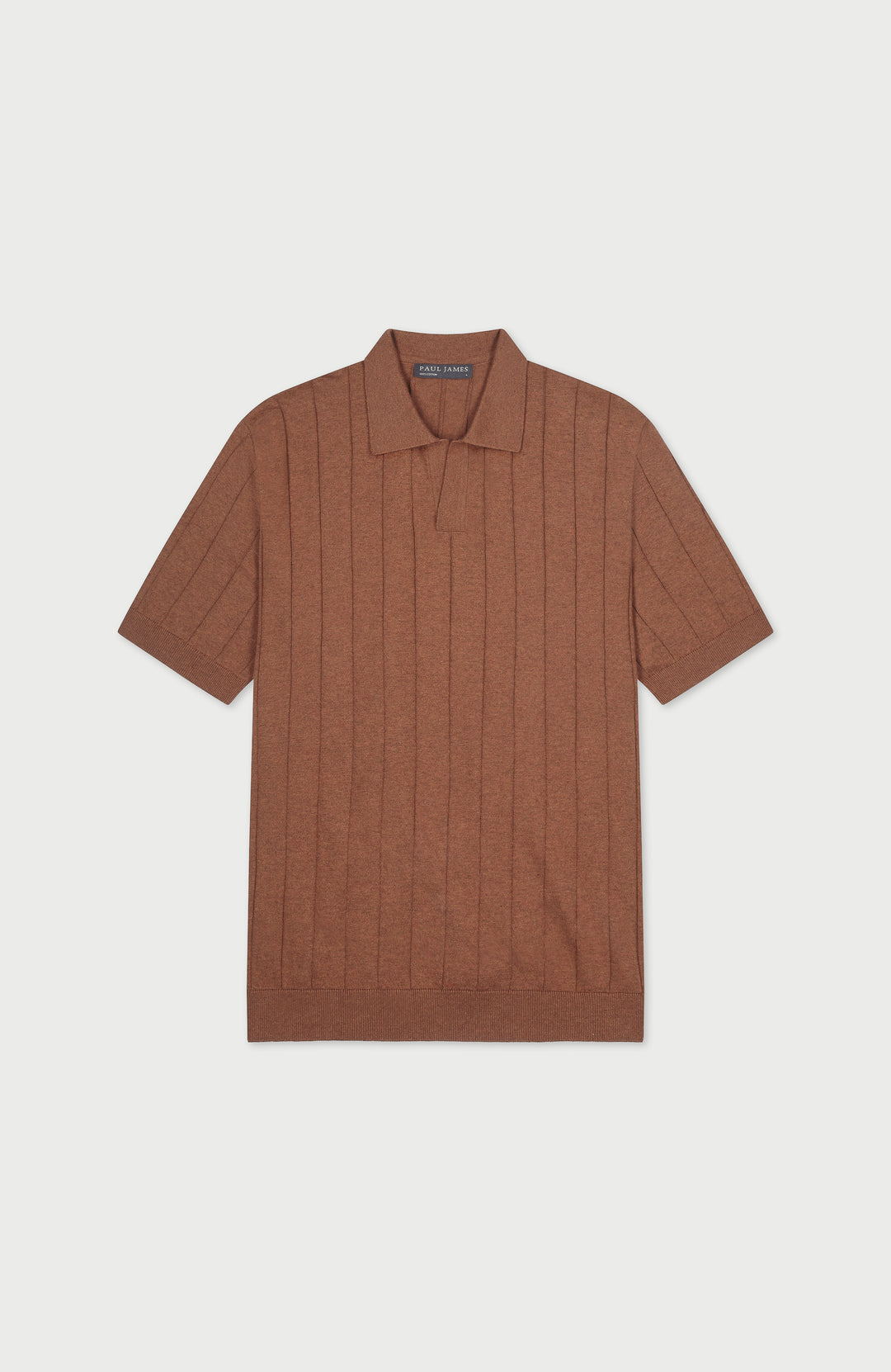 Men's brown orange open collar short sleeve cotton rib polo shirt by Paul James Knitwear