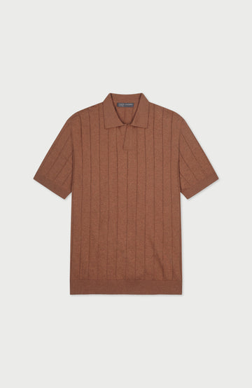 Men's brown orange open collar short sleeve cotton rib polo shirt by Paul James Knitwear