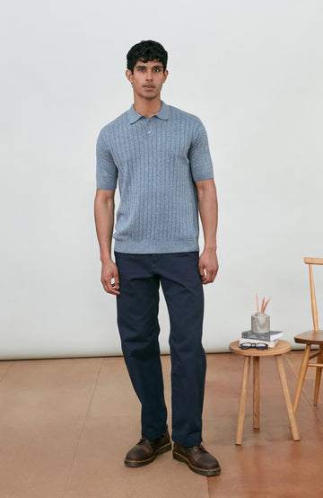 Men's blue rib short sleeve cotton polo shirt by Paul James Knitwear.