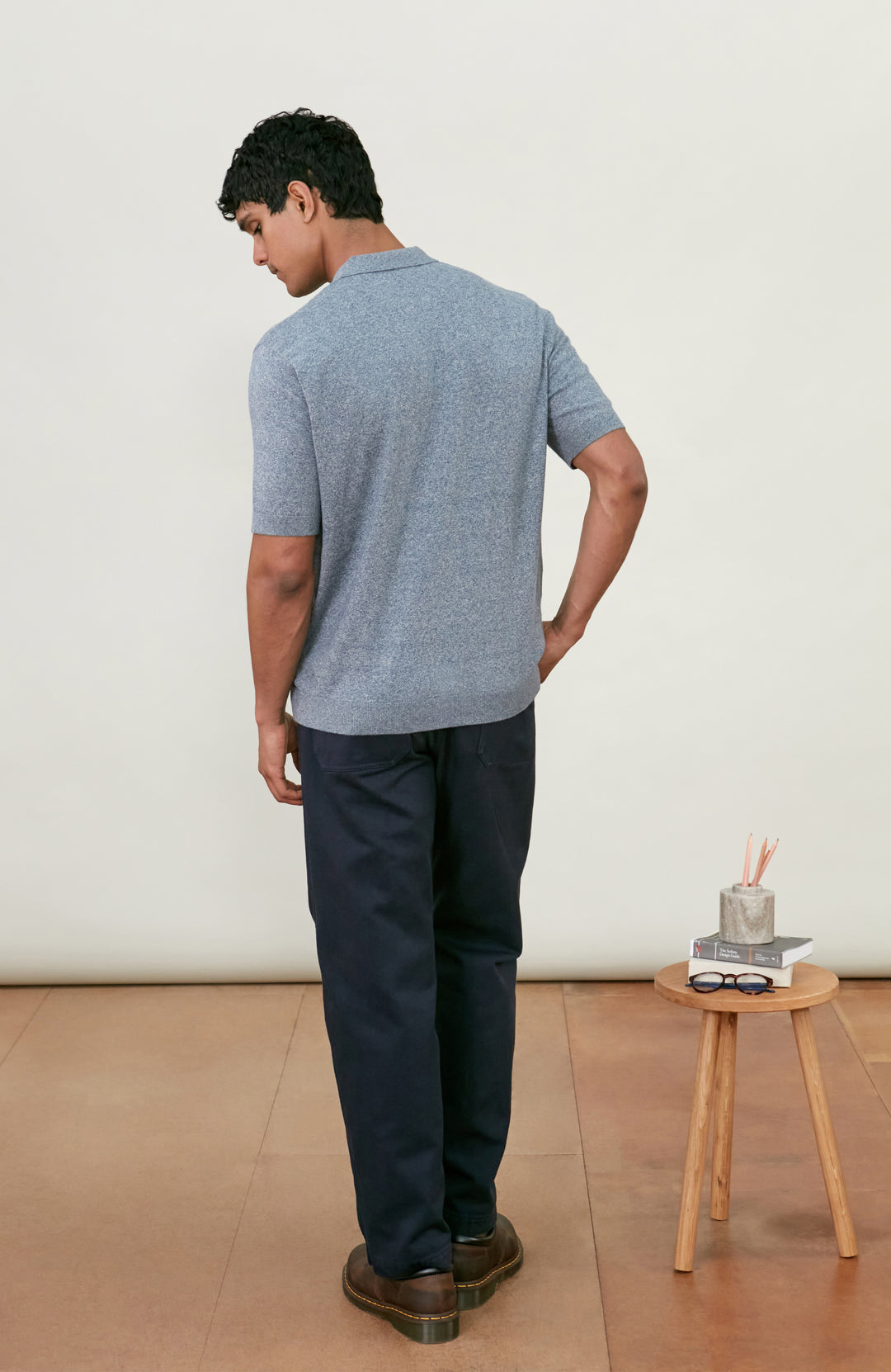 Men's blue rib short sleeve cotton polo shirt by Paul James Knitwear.