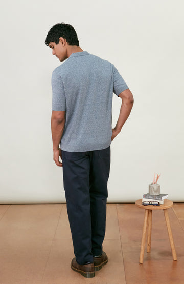 Men's blue rib short sleeve cotton polo shirt by Paul James Knitwear.