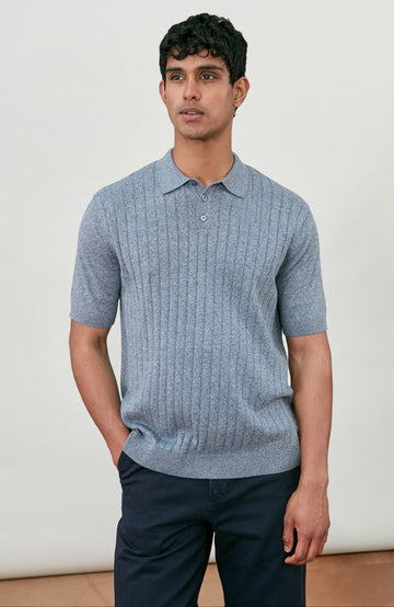 Men's blue rib short sleeve cotton polo shirt by Paul James Knitwear.