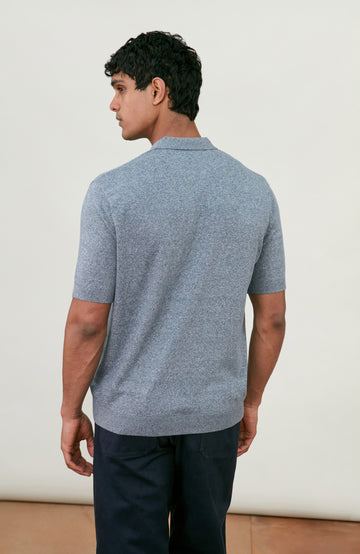 Men's blue rib short sleeve cotton polo shirt by Paul James Knitwear.