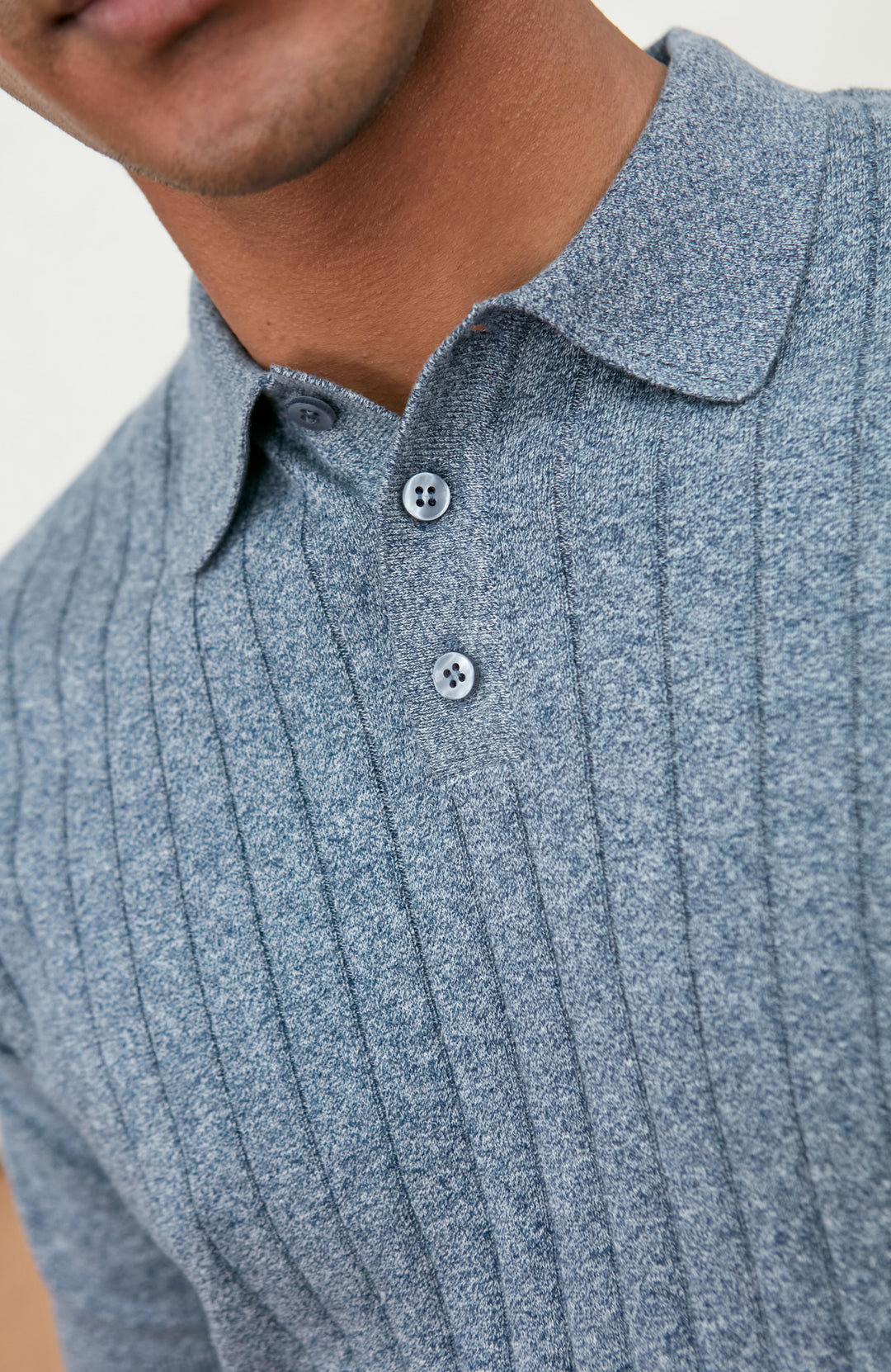 Men's blue rib short sleeve cotton polo shirt by Paul James Knitwear.