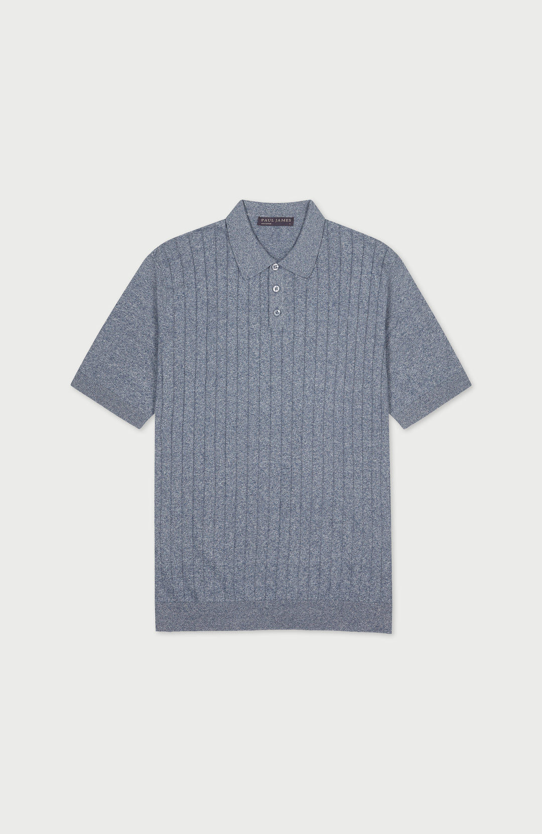 Blue men's short sleeve rib Polo shirt by Paul James Knitwear.