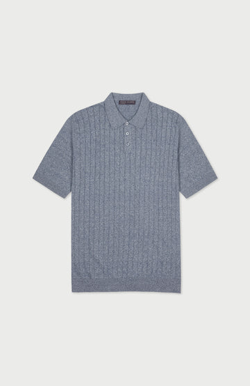 Blue men's short sleeve rib Polo shirt by Paul James Knitwear.