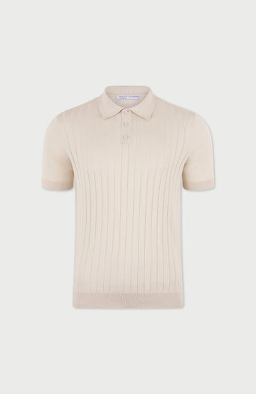 ecru ribbed knit polo shirt on a light beige background
