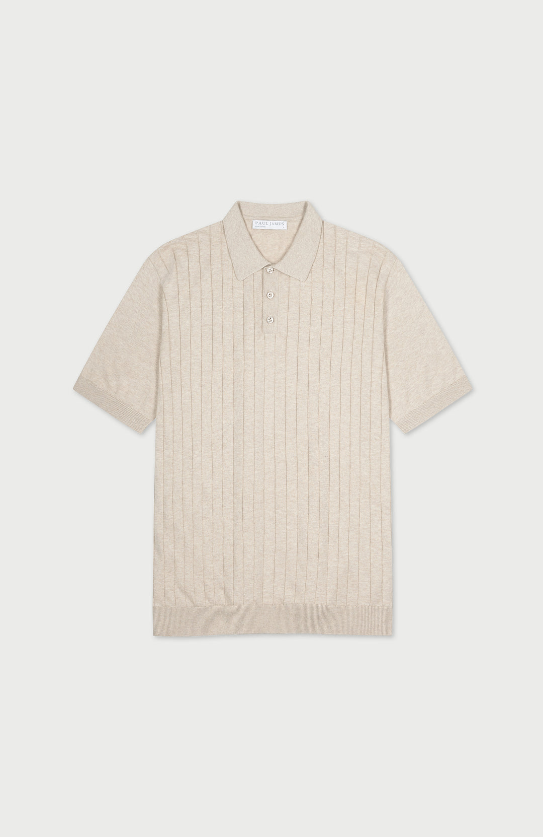 Beige man's rib cotton short-sleeve polo shirt by Paul James Knitwear