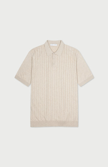 Beige man's rib cotton short-sleeve polo shirt by Paul James Knitwear