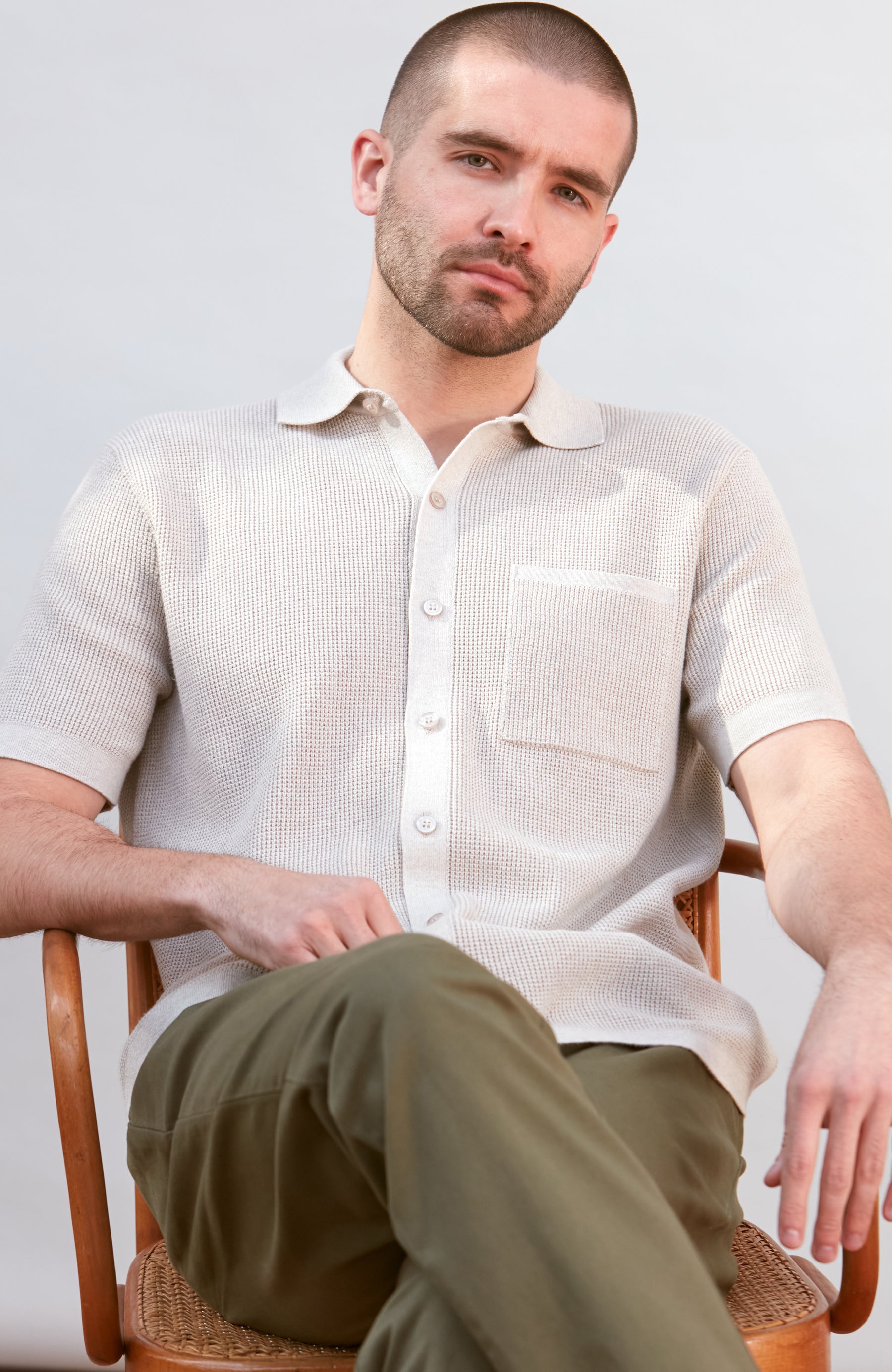 Beige mens knitted summer textured shirt