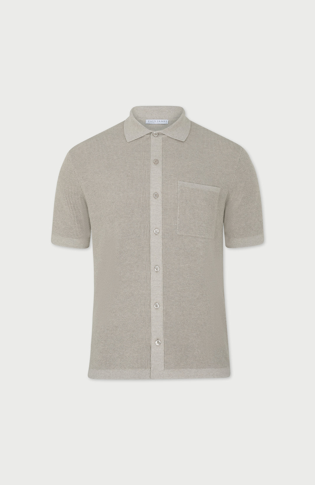 beige mens short-sleeve waffle knit shirt by paul james