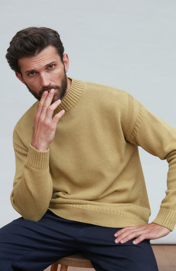 light olive gansey cotton linen sweater by Paul James