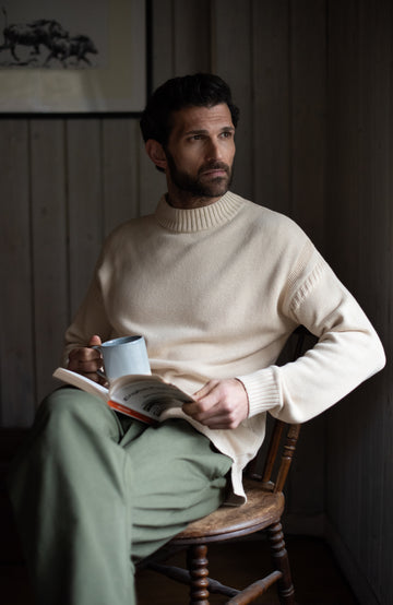Men's cotton ecru knitted Guernsey jumper by Paul James Knitwear.