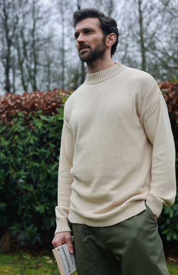 Men's cotton ecru knitted Guernsey jumper by Paul James Knitwear.