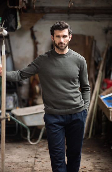 Green men's cotton linen crew neck sweater by Paul James Knitwear