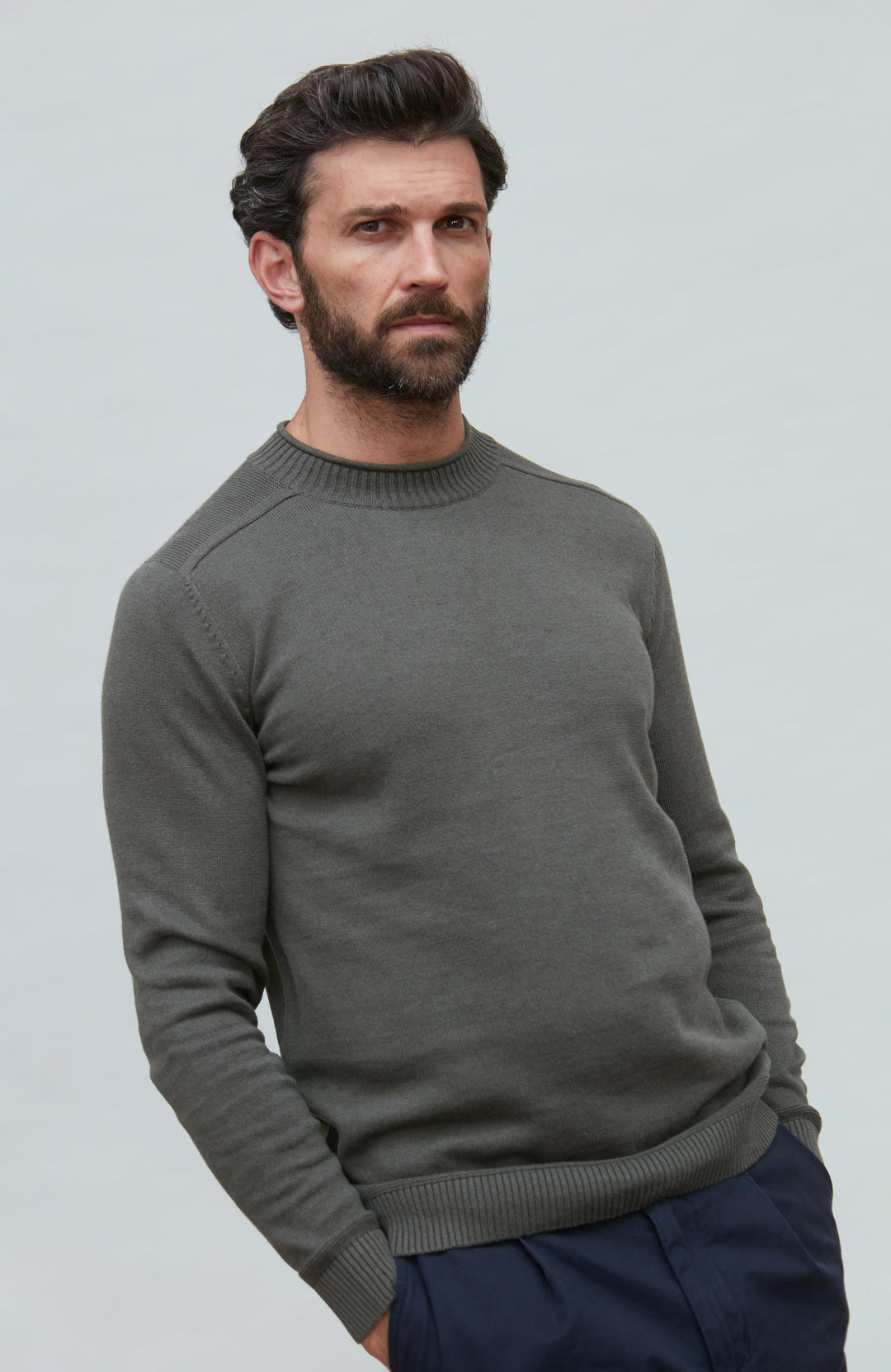 green mens cotton linen jumper by Paul James