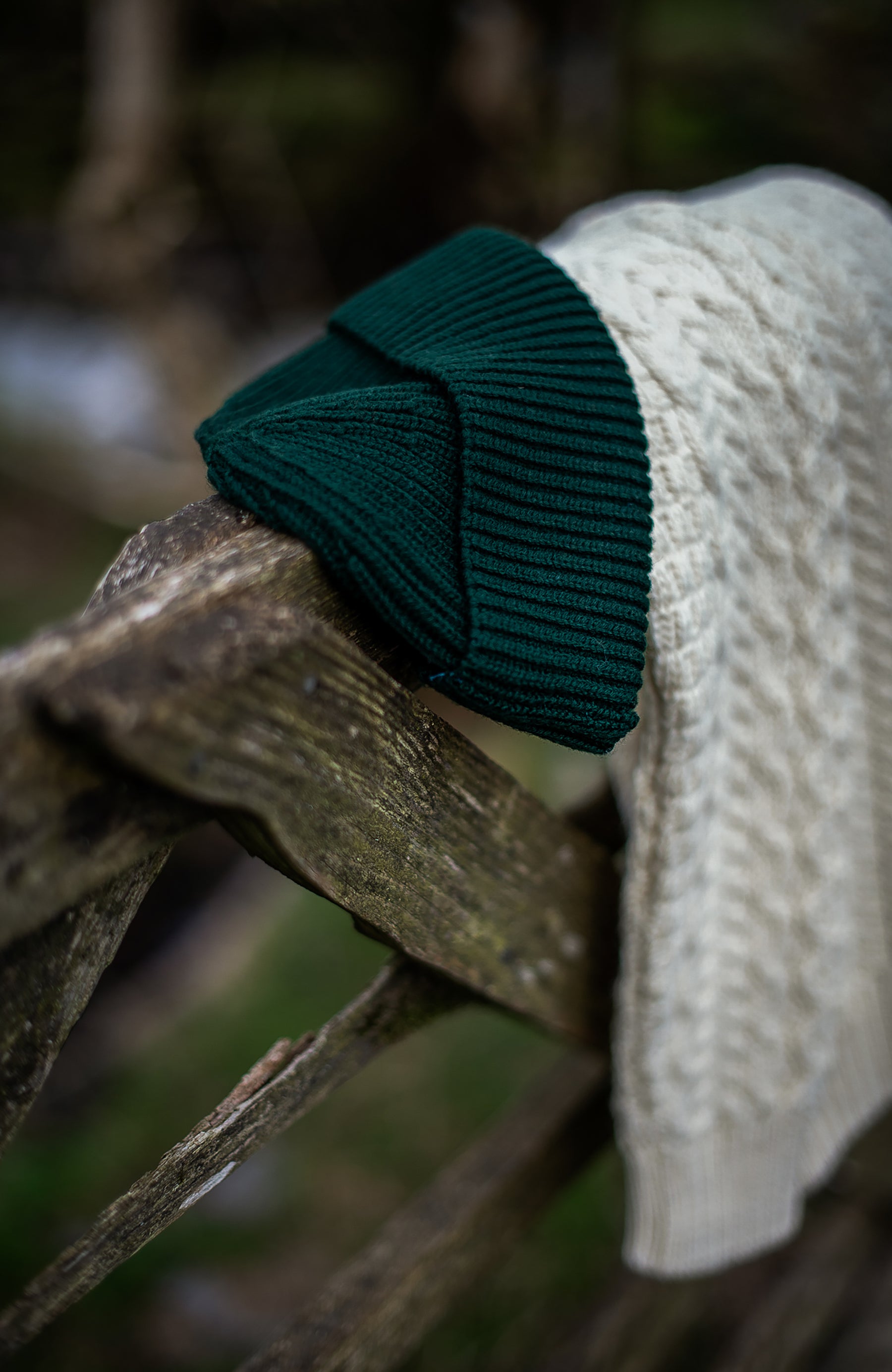 green mens fisherman beanie hat and cable jumper by Paul James 