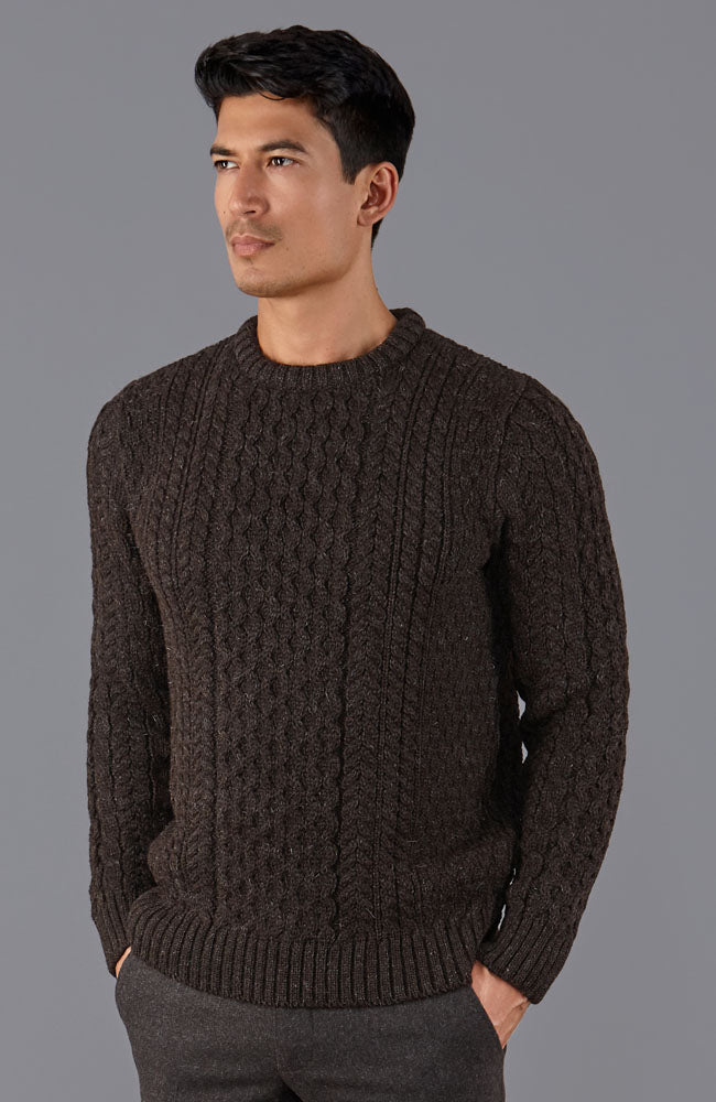 Mens Chunky British Wool Crew Neck Cable Sweater Paul James Knitwear