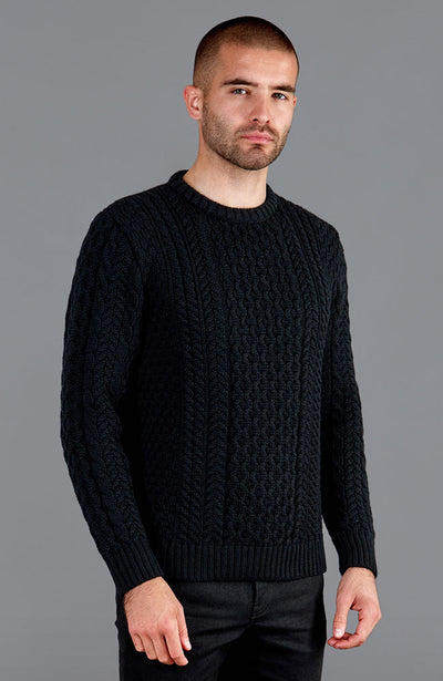 black mens British wool chunky fisherman's aran jumper knit