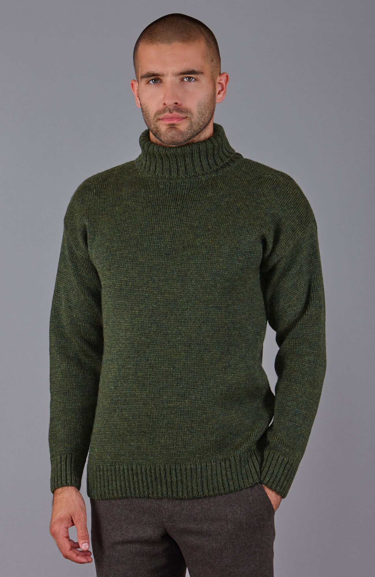 mens green wool submariner roll neck jumper