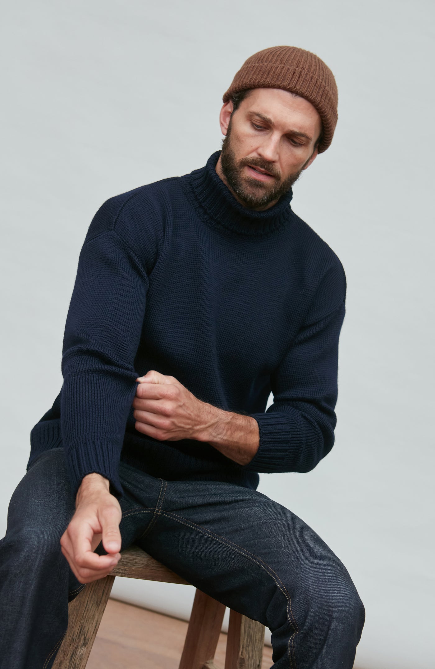 navy mens roll neck wool jumper
