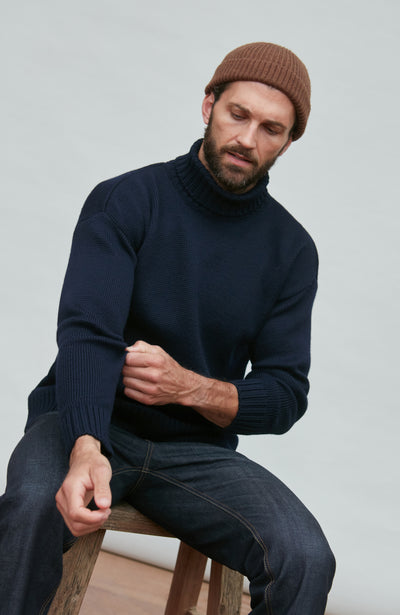 navy mens roll neck wool jumper