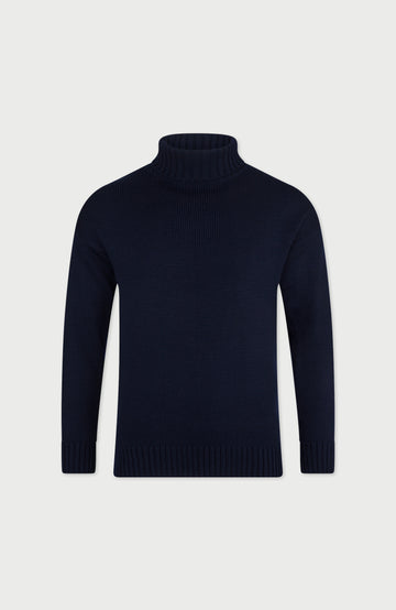 Navy Mens Merino Wool Roll Neck Jumper By Paul James