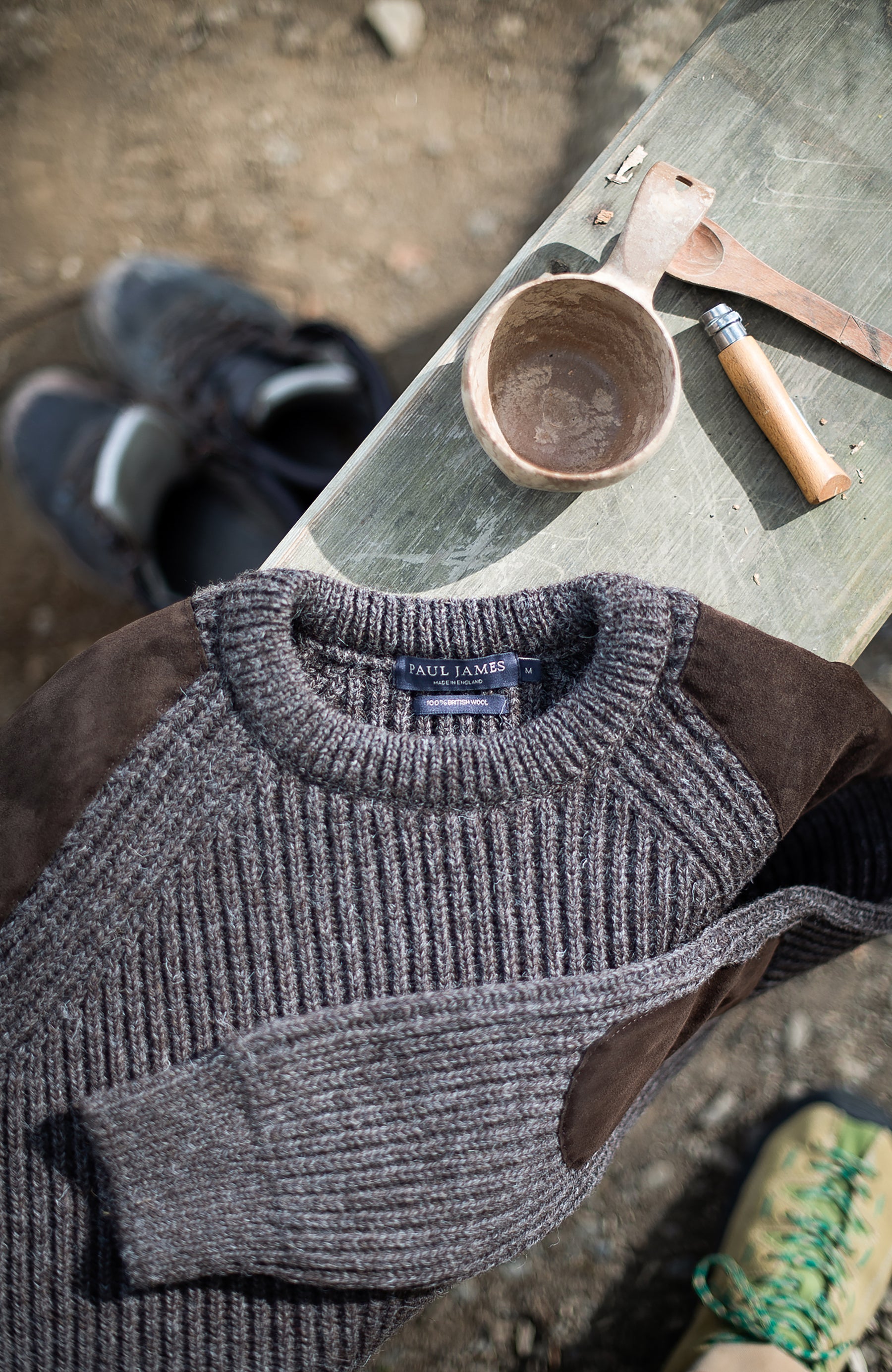 mens wool rib shooting jumper with patches by Paul James 