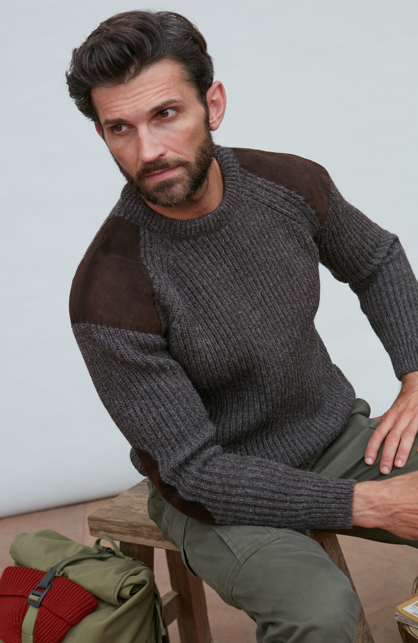mens brown shooting jumper with patches