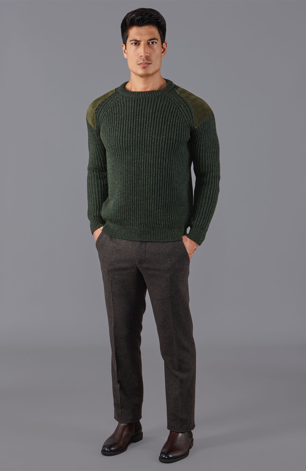 green mens wool shooting jumper with patches