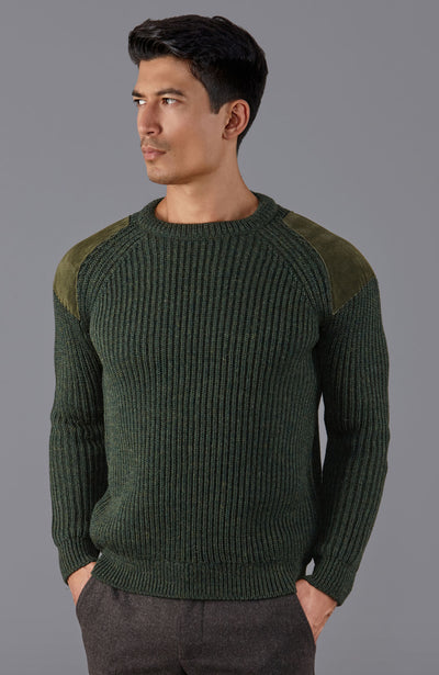 green mens wool shooting jumper with patches