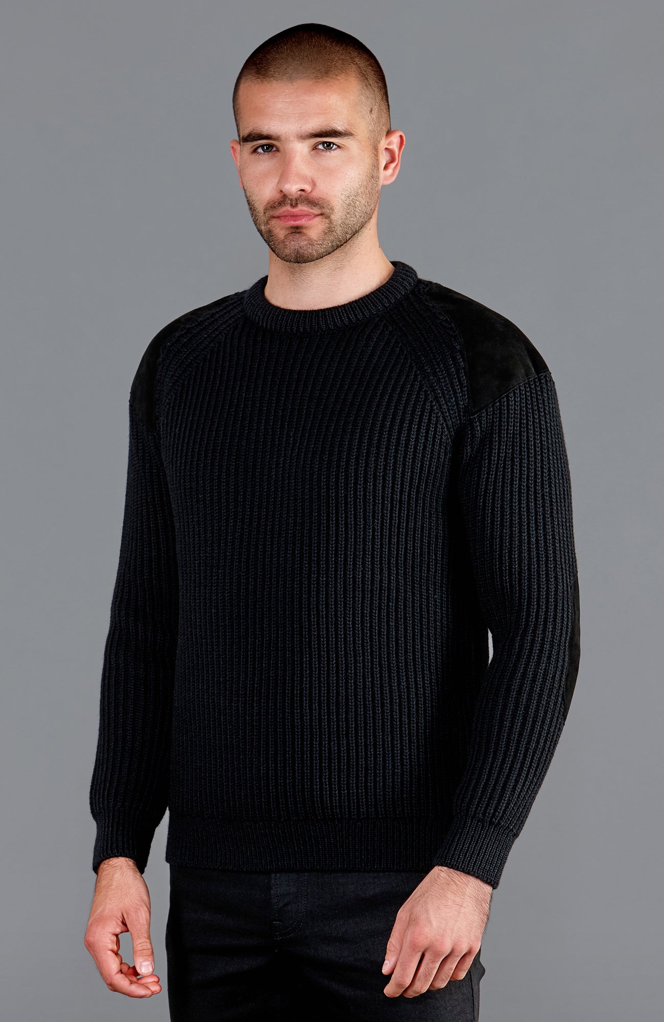 black mens wool shooting jumper with patches
