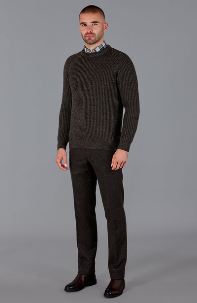 brown mens British wool ribbed fisherman jumper