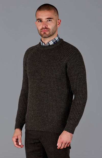 brown mens British wool ribbed fisherman jumper