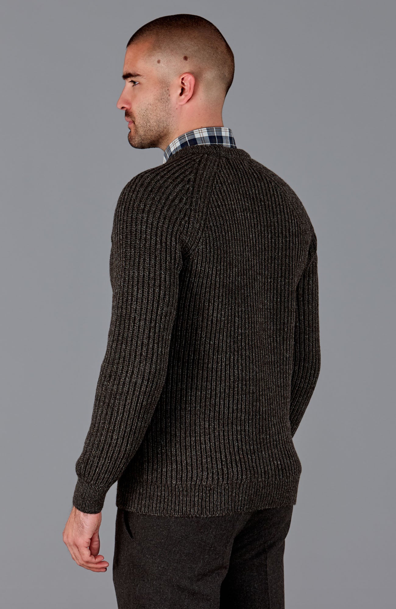 brown mens British wool ribbed fisherman jumper