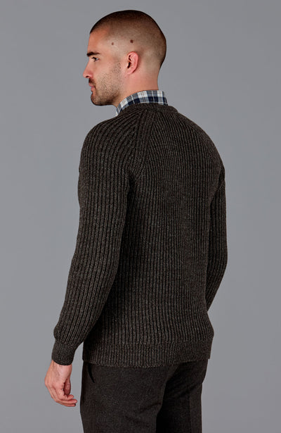 brown mens British wool ribbed fisherman jumper