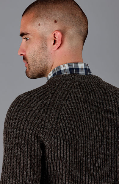 brown mens British wool ribbed fisherman jumper