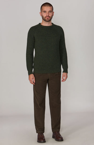 green mens British wool ribbed fisherman jumper